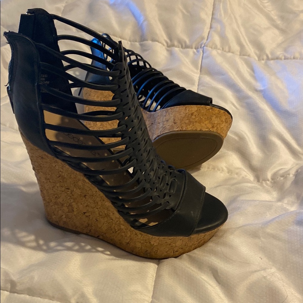 Black strappy wedge heels size 6.5